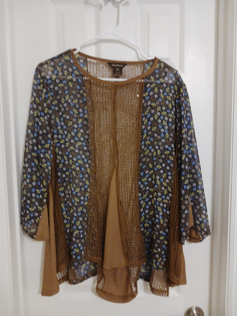 Multiples Petite Blue Indigo Floral Front Mesh Panels Blouse PL- New